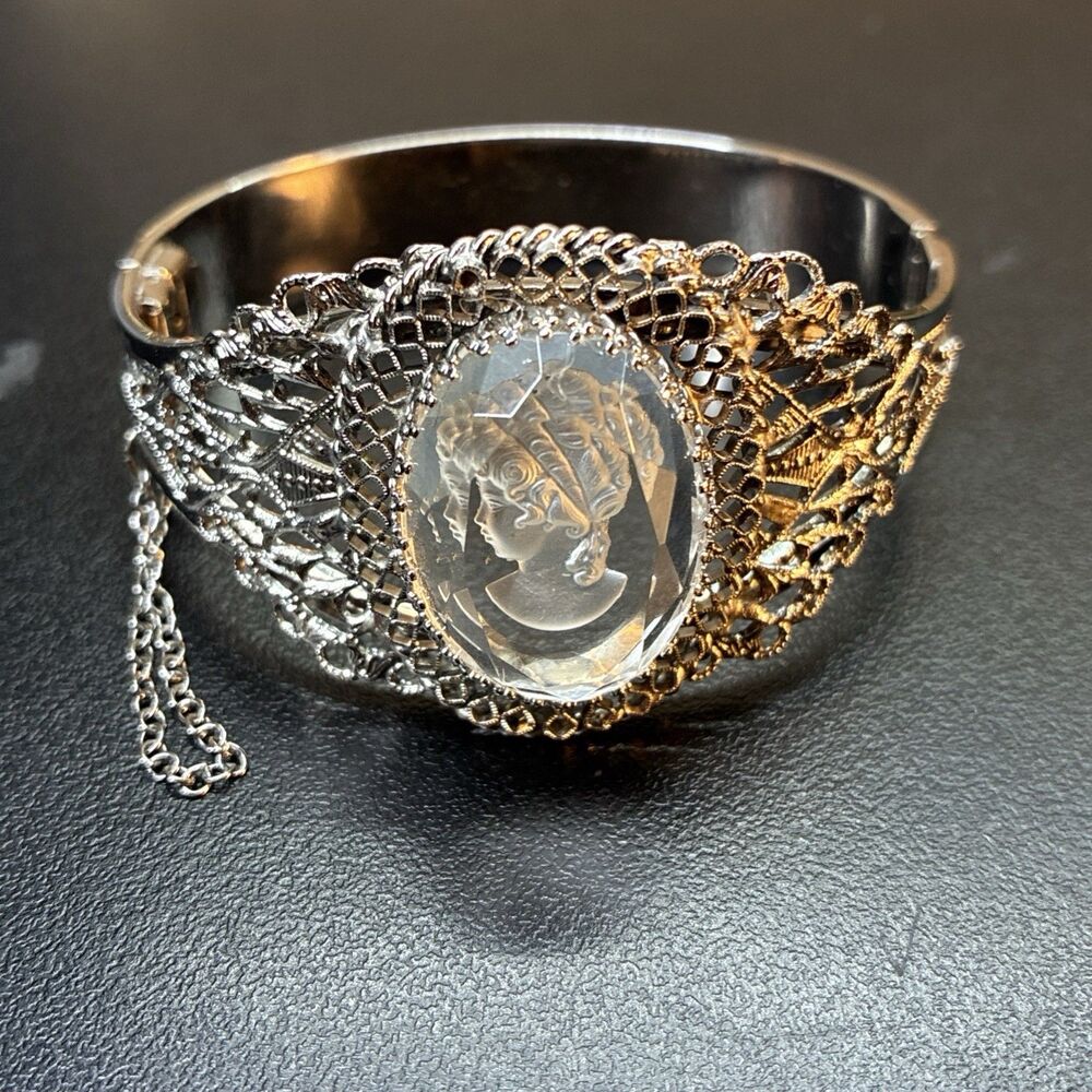 Whiting & Davis filigree Intaglio crystal glass cameo bracelet silhouette